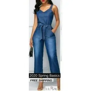 Rosewe Pants Jumpsuits Womens Belted Light Denim Jumpsuit With Pockets Above Ankle Length Size S Poshmark